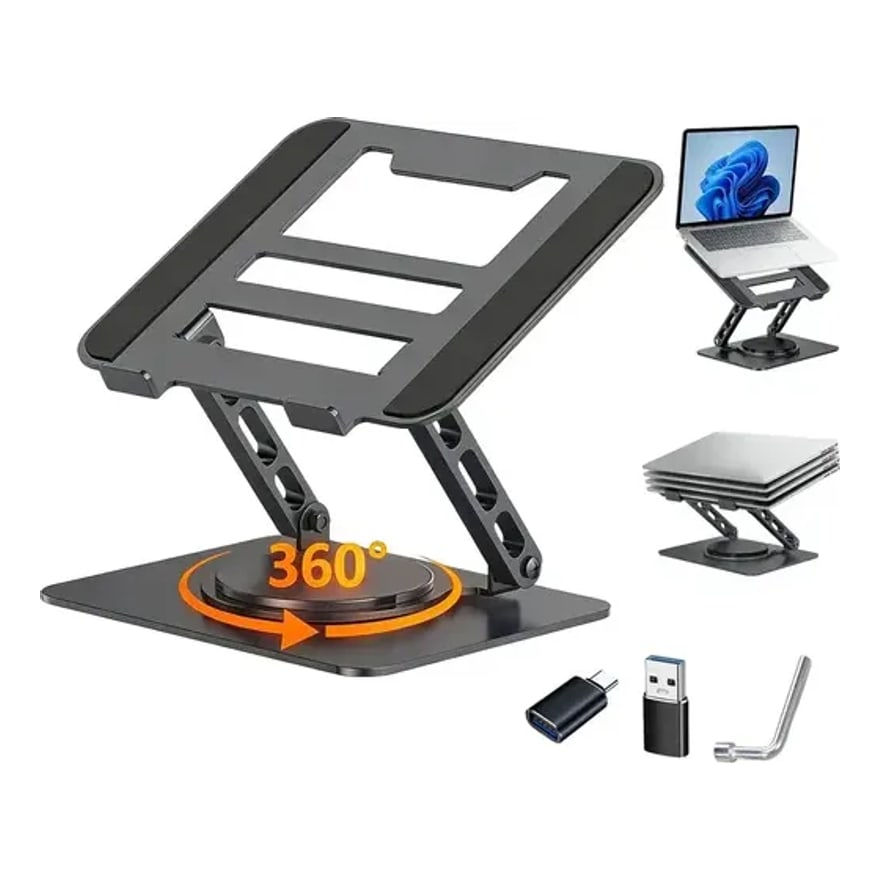 Soporte para laptop de acero giratorio 360°, hasta 17 pulgadas, negro