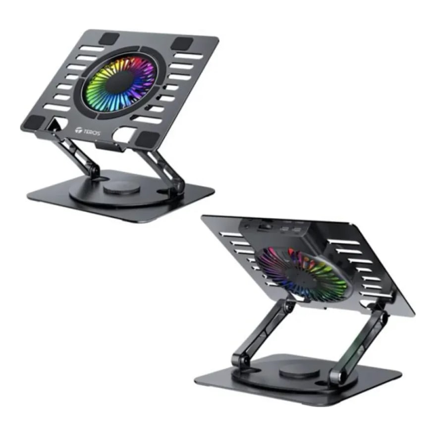Soporte para laptop Teros TE-7132N con 2 ventiladores, giratorio 360°, 2 puertos USB, luz RGB, metálico negro