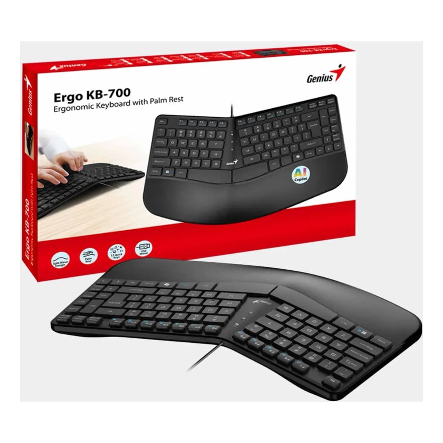 Teclado ergonómico alámbrico Genius KB-700 con tecla IA y reposamanos