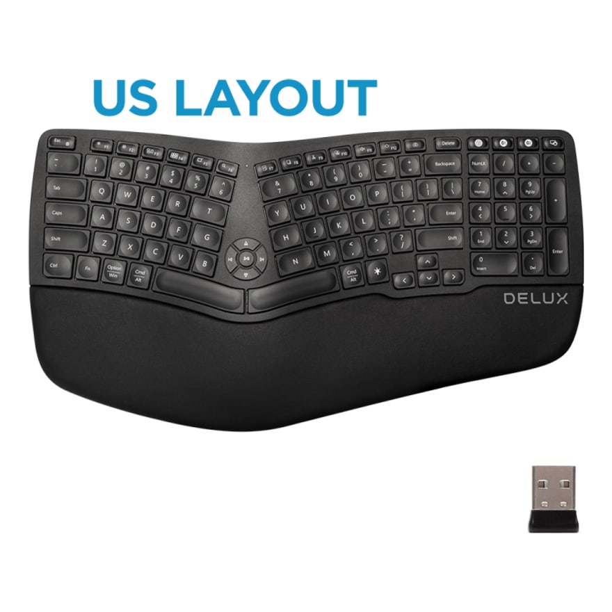 Teclado ergonómico inalámbrico Delux GM902 multimedia, batería recargable 1100 mAh, reposamanos de cuero sintético