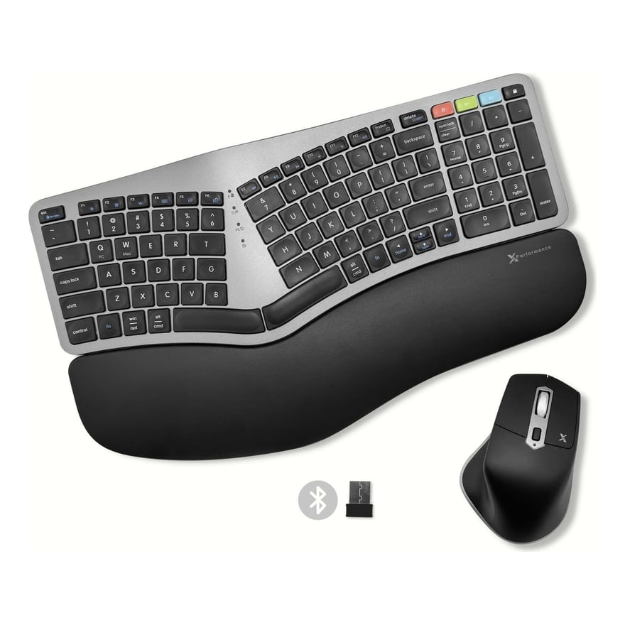 Teclado ergonómico Bluetooth y 2.4 GHz con reposamuñecas, negro