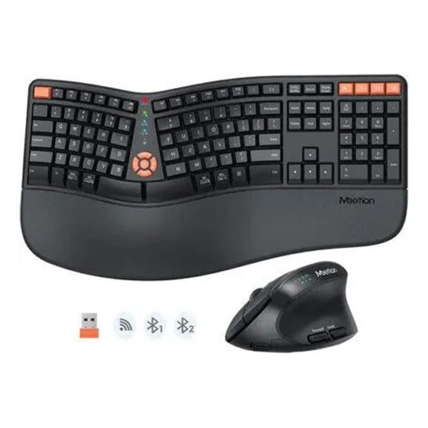 Combo ergonómico inalámbrico Meetion Director C2: teclado 112 teclas, mouse 5 botones 2400 DPI y pad, carga tipo C, negro