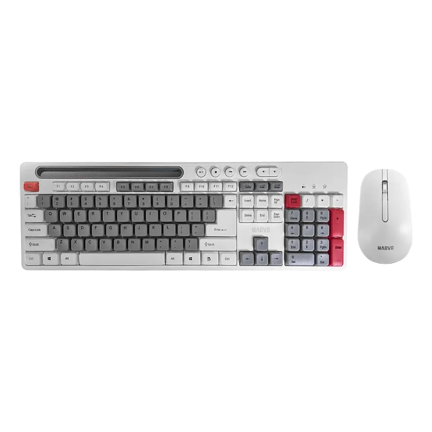 Combo teclado y mouse inalámbrico Marvo WS009 multimedia, receptor 2 en 1 2.4 GHz, soporte para tablet o celular, blanco con gris
