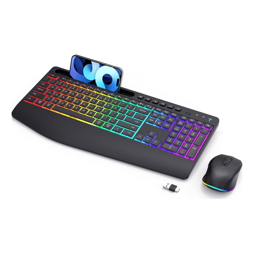 Combo teclado y mouse inalámbrico recargable Anera 3 modos 2.4 GHz y Bluetooth, delgado, negro con gris