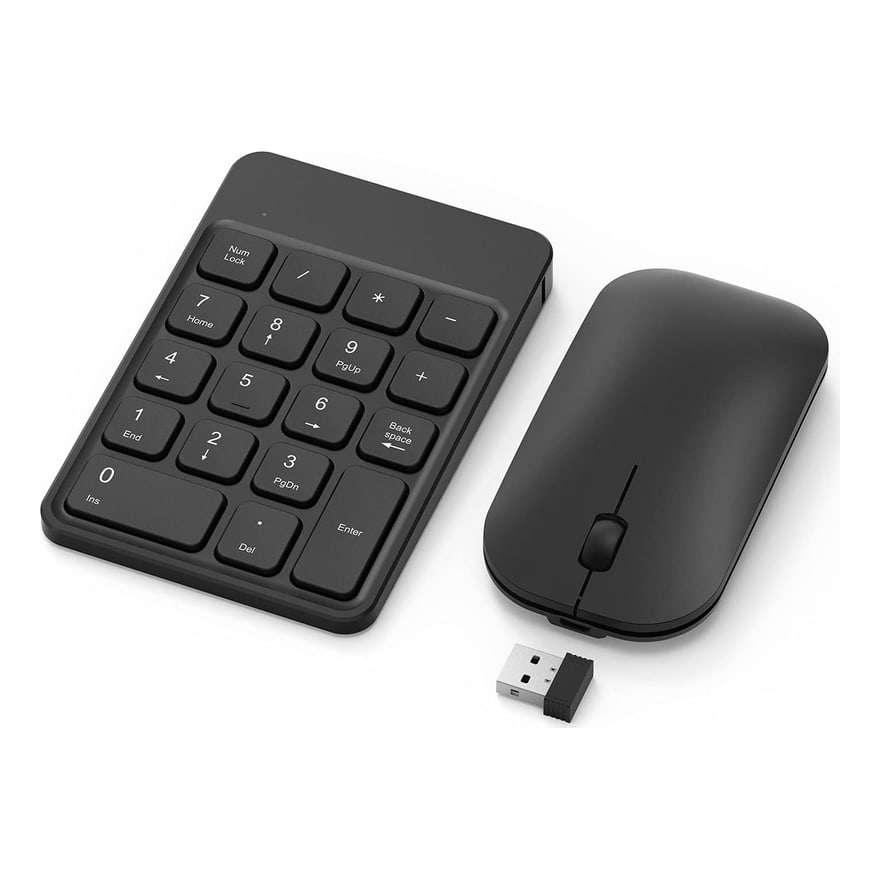 Combo teclado numérico y mouse inalámbrico recargable Anera 3 modos 2.4 GHz y Bluetooth, delgado, negro con gris