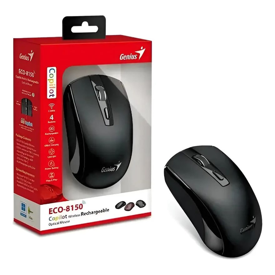 Mouse inalámbrico recargable Genius ECO-8150 con botón Copilot IA, 4 botones, negro