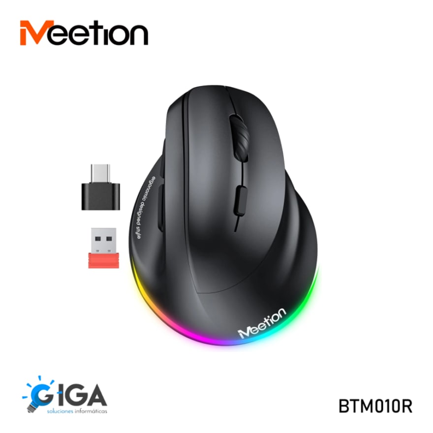 Mouse ergonómico vertical recargable Meetion BTM010 Bluetooth y USB con adaptador USB-C, 2400 DPI, azul