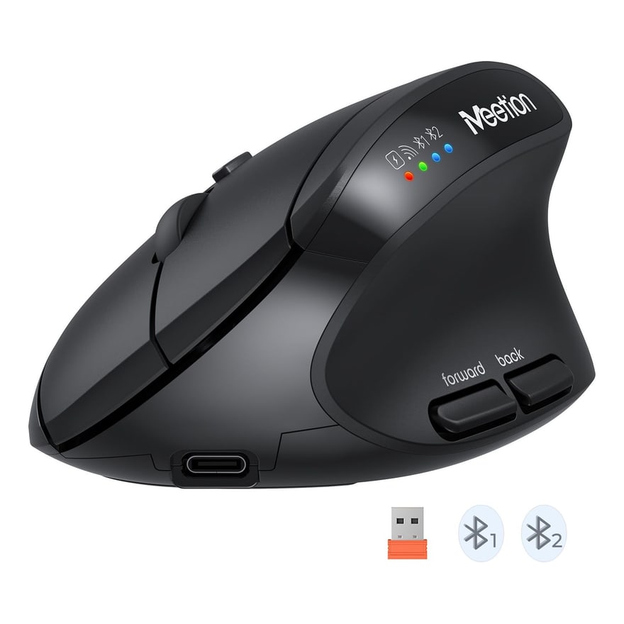 Mouse ergonómico inalámbrico Meetion BTM008 2.4 GHz y Bluetooth 2400 DPI, 6 botones, tipo C, blanco con gris
