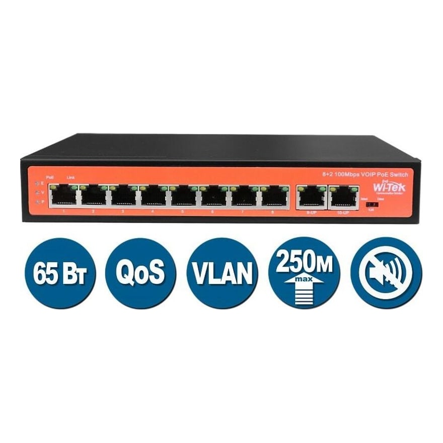 Switch PoE Wi-Tek WI-PS510V 8 puertos PoE+ y 2 puertos uplink Fast Ethernet 10/100 Mbps