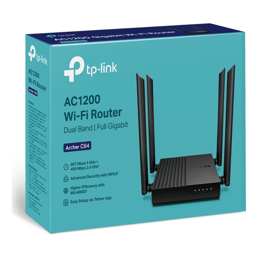 Router TP-Link Archer C64 AC1200 LAN Gigabit 4 antenas externas doble banda, negro
