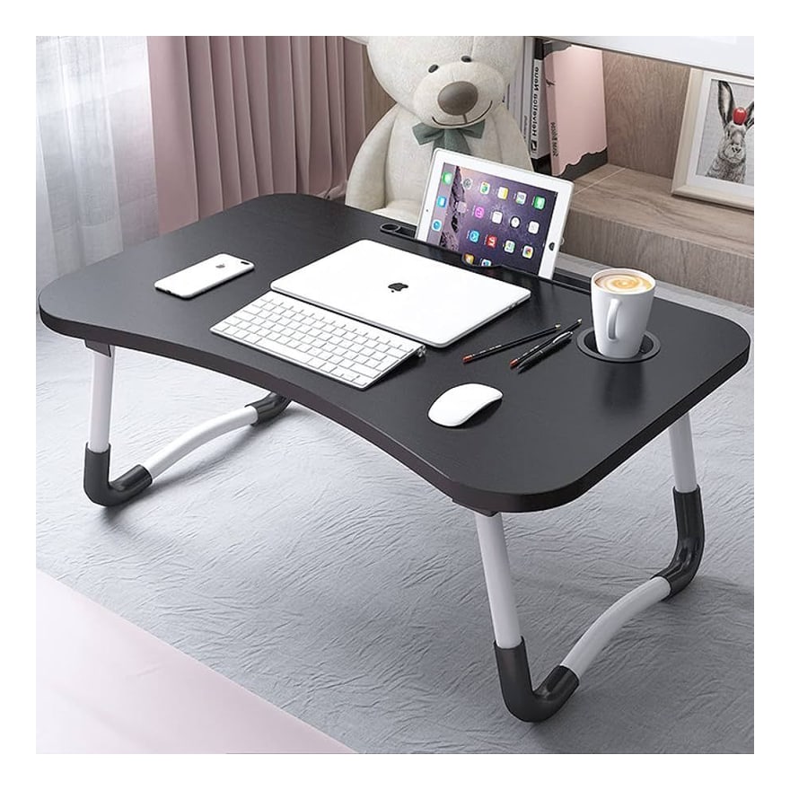 Mesa escritorio plegable para cama con cajonera, ranura para celular o tablet y posavasos, negra