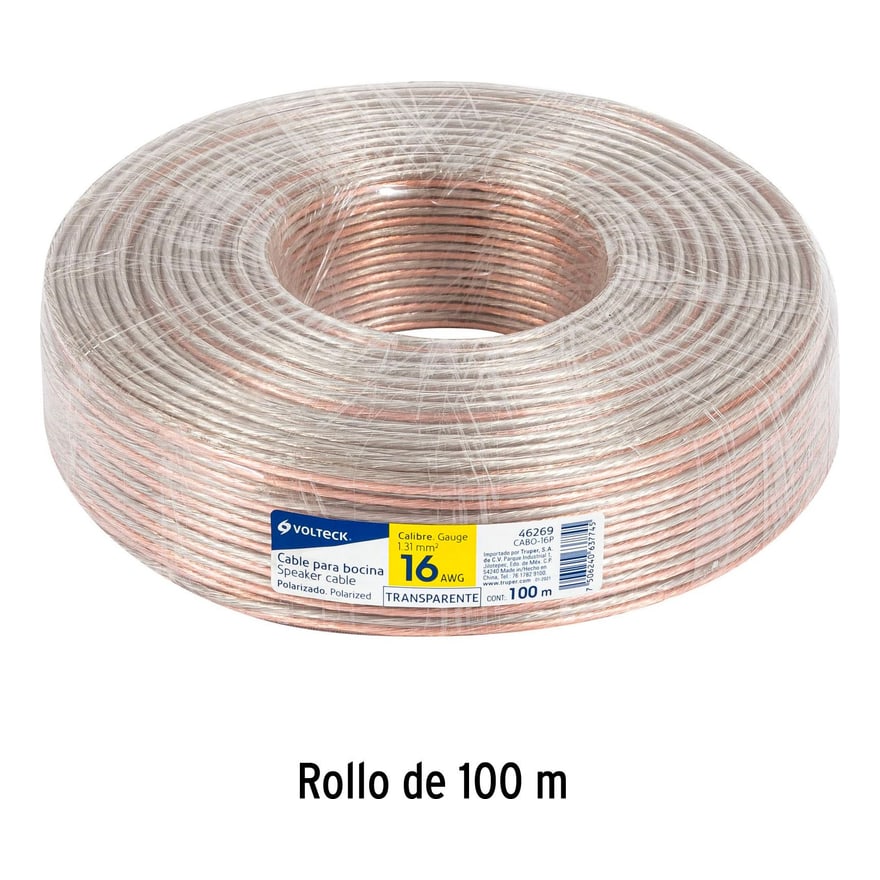 Cable de parlante #16 transparente de cobre libre de oxígeno, rollo de 30 metros