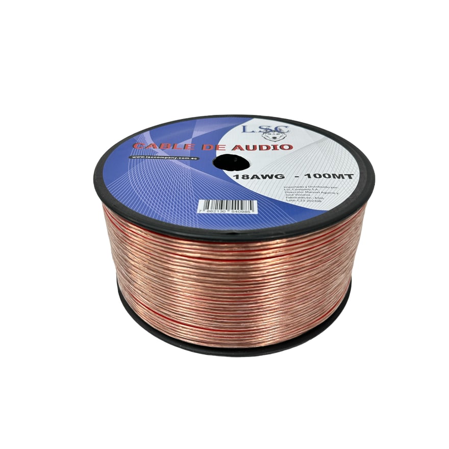 Cable de parlante #18 transparente 20% cobre 21/0.20 CCAD 2C 2.8 x 5.6, rollo de 100 metros
