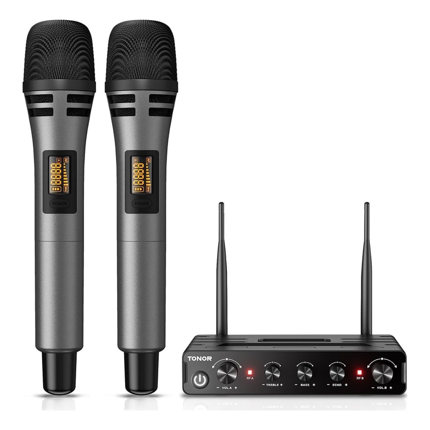 Micrófono doble inalámbrico UHF con base, gris
