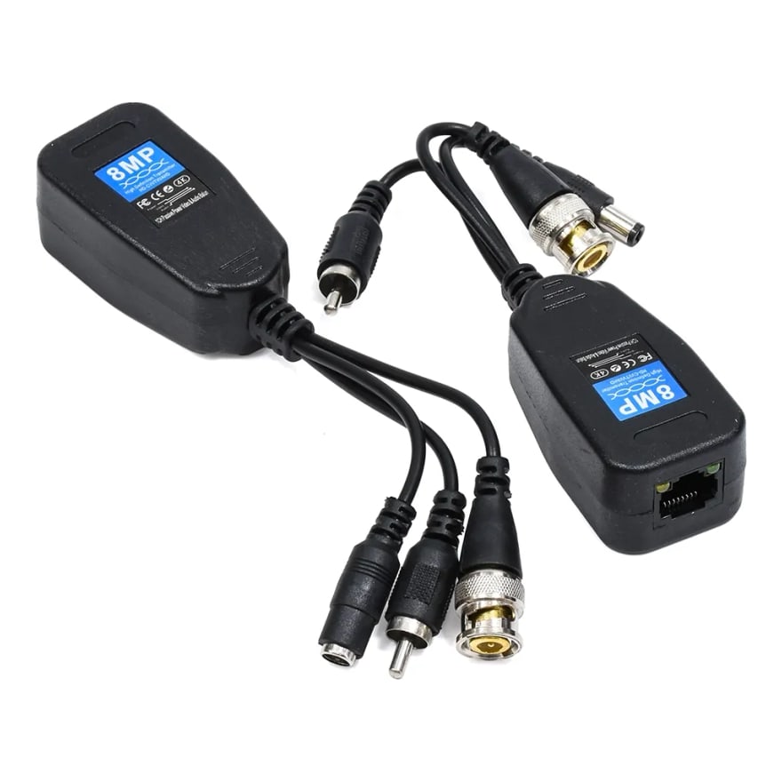 Video balun RJ45 3 en 1 BNC, DC y RCA (par)