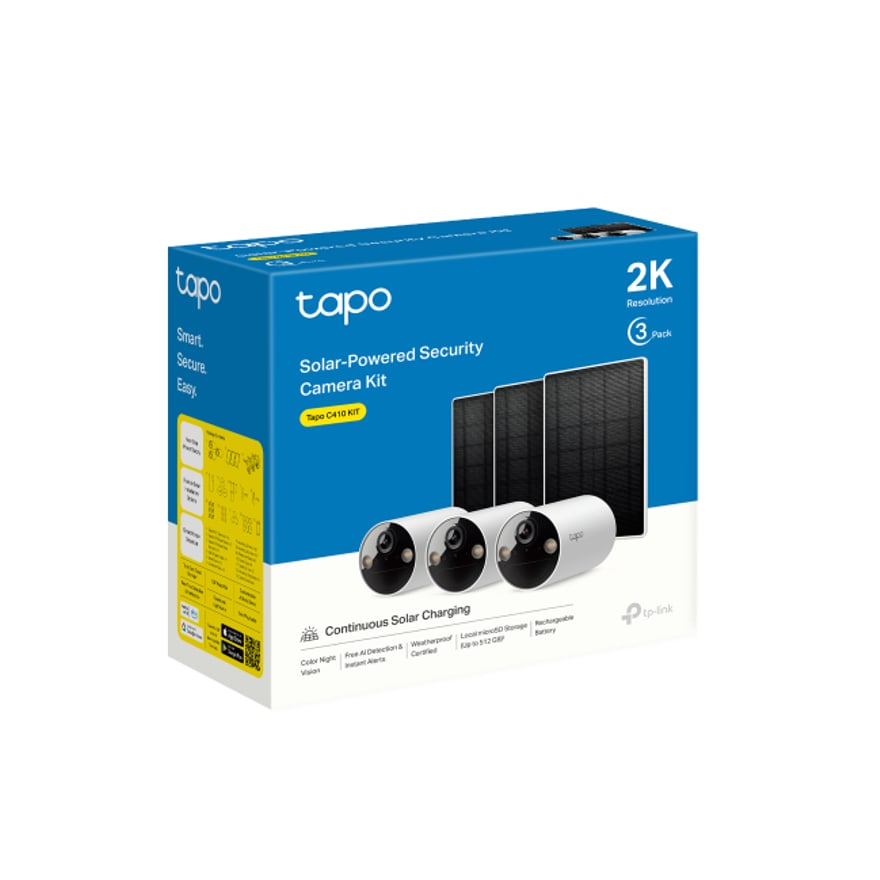 Kit cámara WiFi TP-Link Tapo C410 con panel solar 2K, visión nocturna a color, micro SD, exterior, Alexa