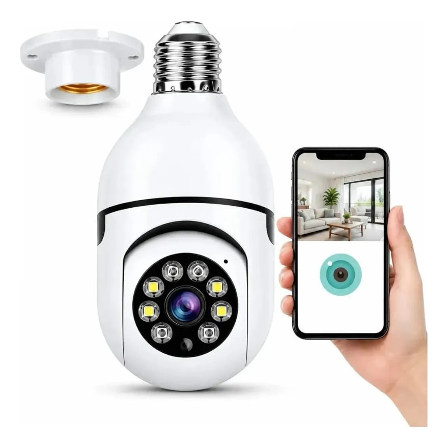 Cámara de seguridad WiFi tipo foco giratoria 360°, soporta memoria de 128 GB, aplicación remota