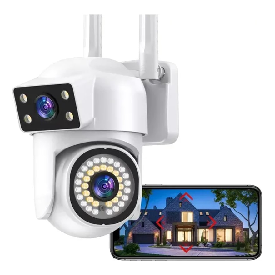 Cámara de seguridad WiFi exterior con doble antena, rotación 270°, parlante y visión nocturna