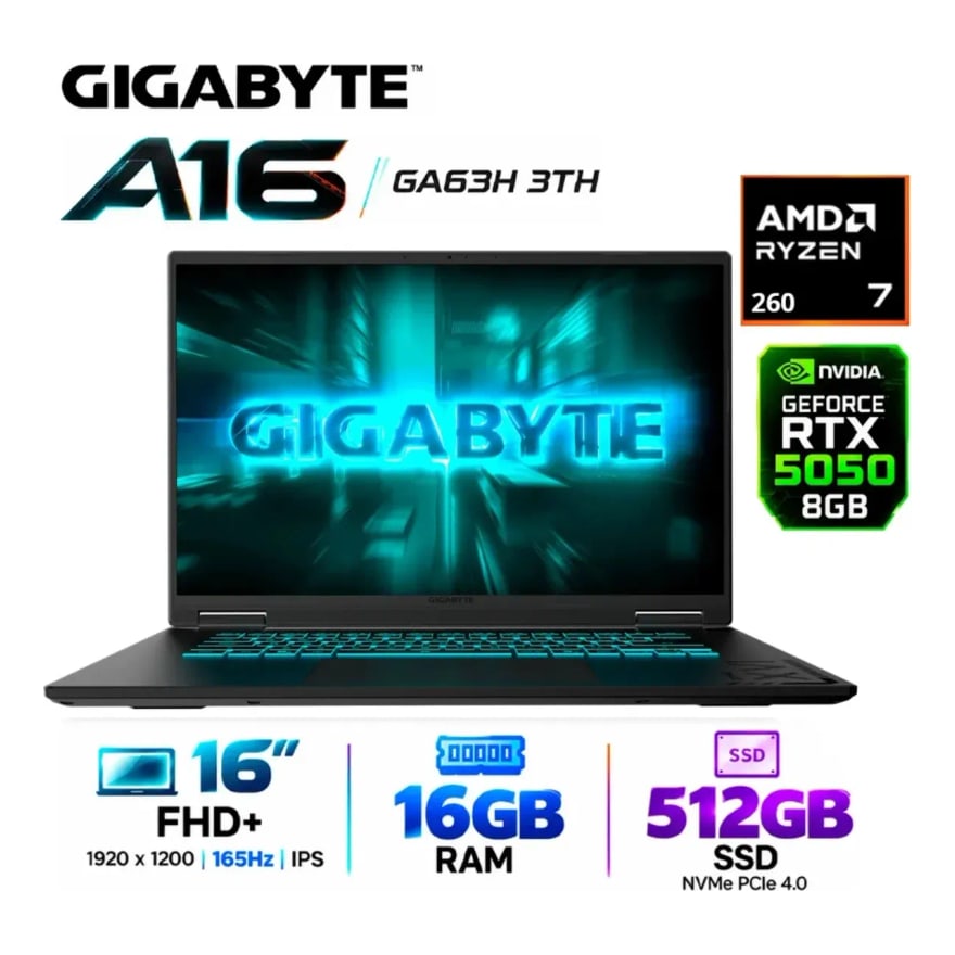 Laptop GIGABYTE 16 3WH Gaming AMD Ryzen 7 260 16GB 512GB 16Pulg RTX-5070-8GB W11