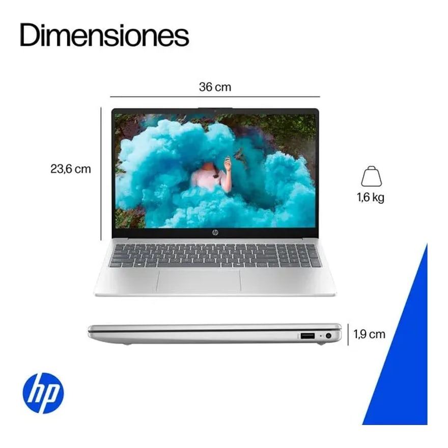 Laptop HP 15-fc0372la AMD Ryzen 7 7730U 16GB 512GB-M.2 15.6Inch HDMI USB-C 2USB-A W11-H SP Silver