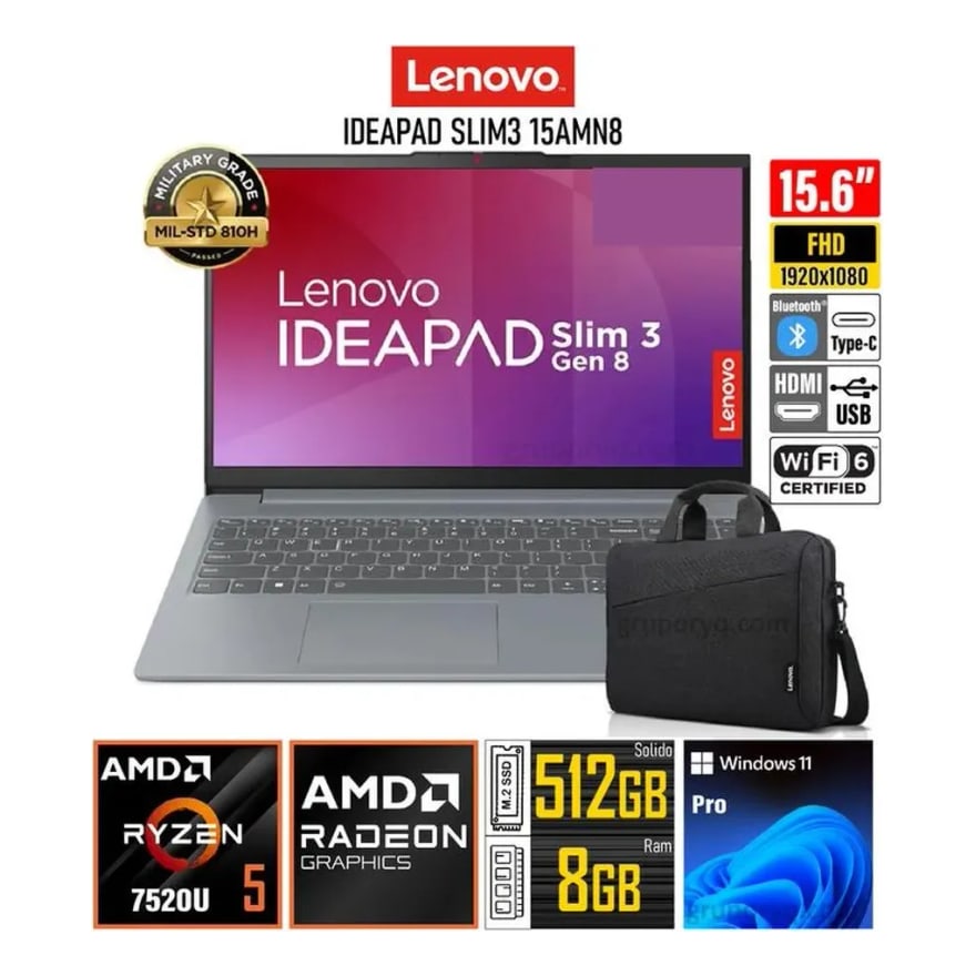 Laptop LENOVO IdeaPad SLIM 3 15AMN8 RYZEN 5 8GB 512GB-SSD 15.6Pulg. FHD WIN11 ABYSS BLUE