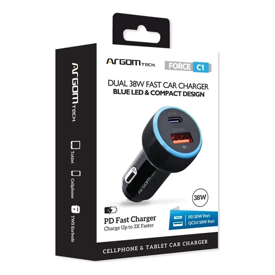 CAR CHARGER ARGOM FORCE C1 38W PD TYPE-C - USB BLACK