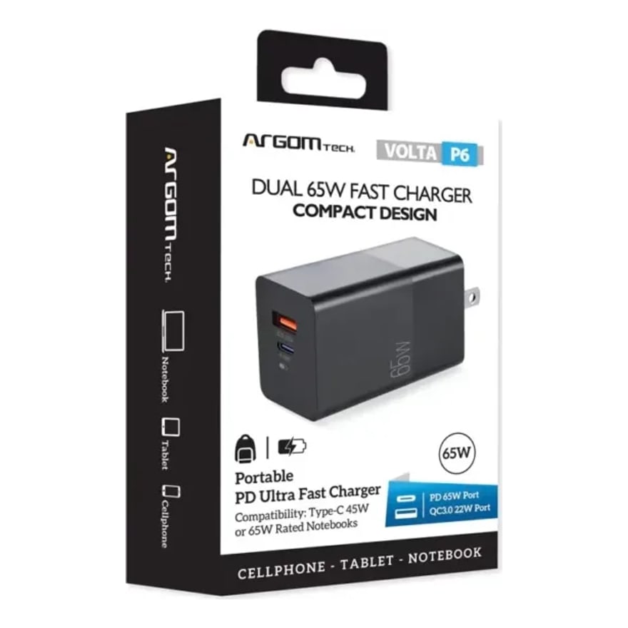 CARGADOR DE PARED ARGOM VOLTA P8 65W GAN 3 DUAL PD TYPE-C USB ARG-AC-0126BK BLACK