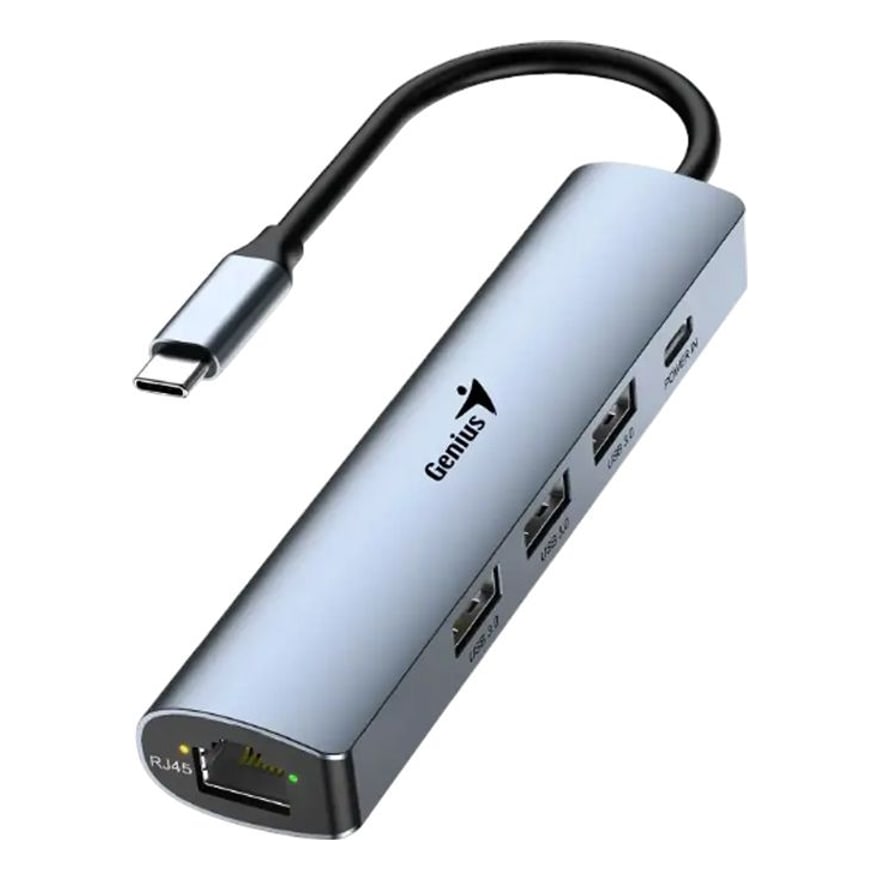 Hub Genius UH-545 USB Tipo-C to 3USB-A USB-C RJ45 Gris