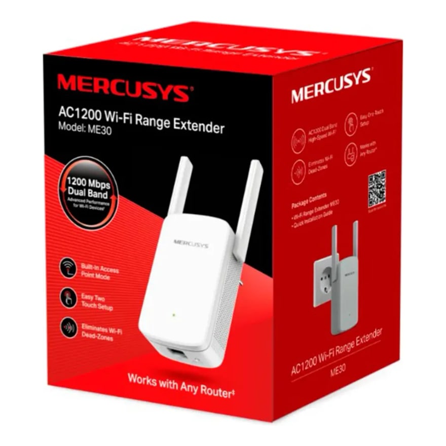 EXTENSOR DE RED MERCUSYS ME30 WI-FI AC1200 DUAL BAND 1X RJ45 100MB-S WHITE