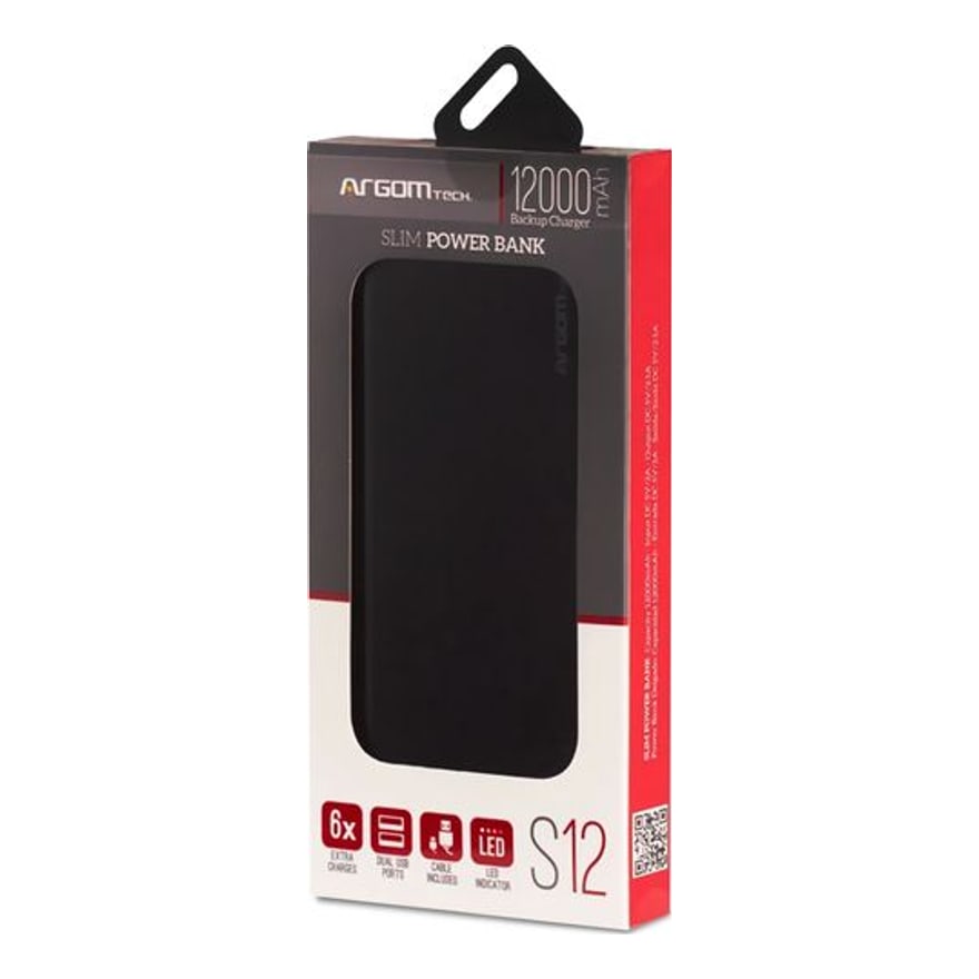 POWER BANK ARGOM S12 12000 MAH ARG-PB-1150BK ALUMINIUM WITH CABLE BLACK
