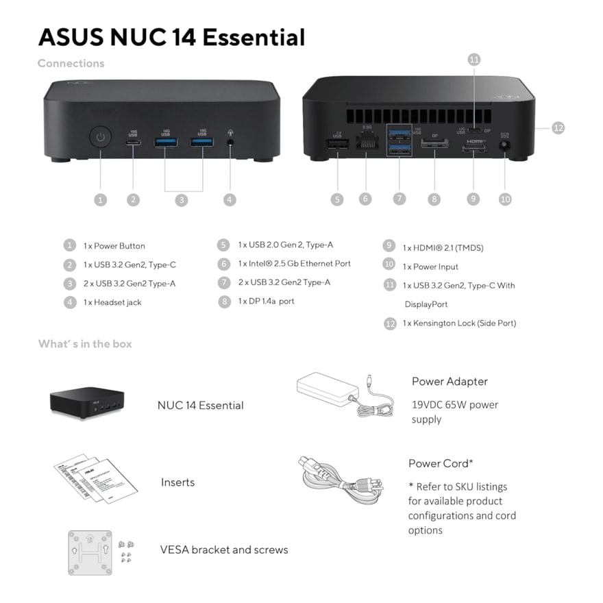 Computadora de escritorio ASUS NUC Celeron N150 3.6GHz 6MB GEN14 DDR5 M.2 WiFi 6E BT incluye Cord